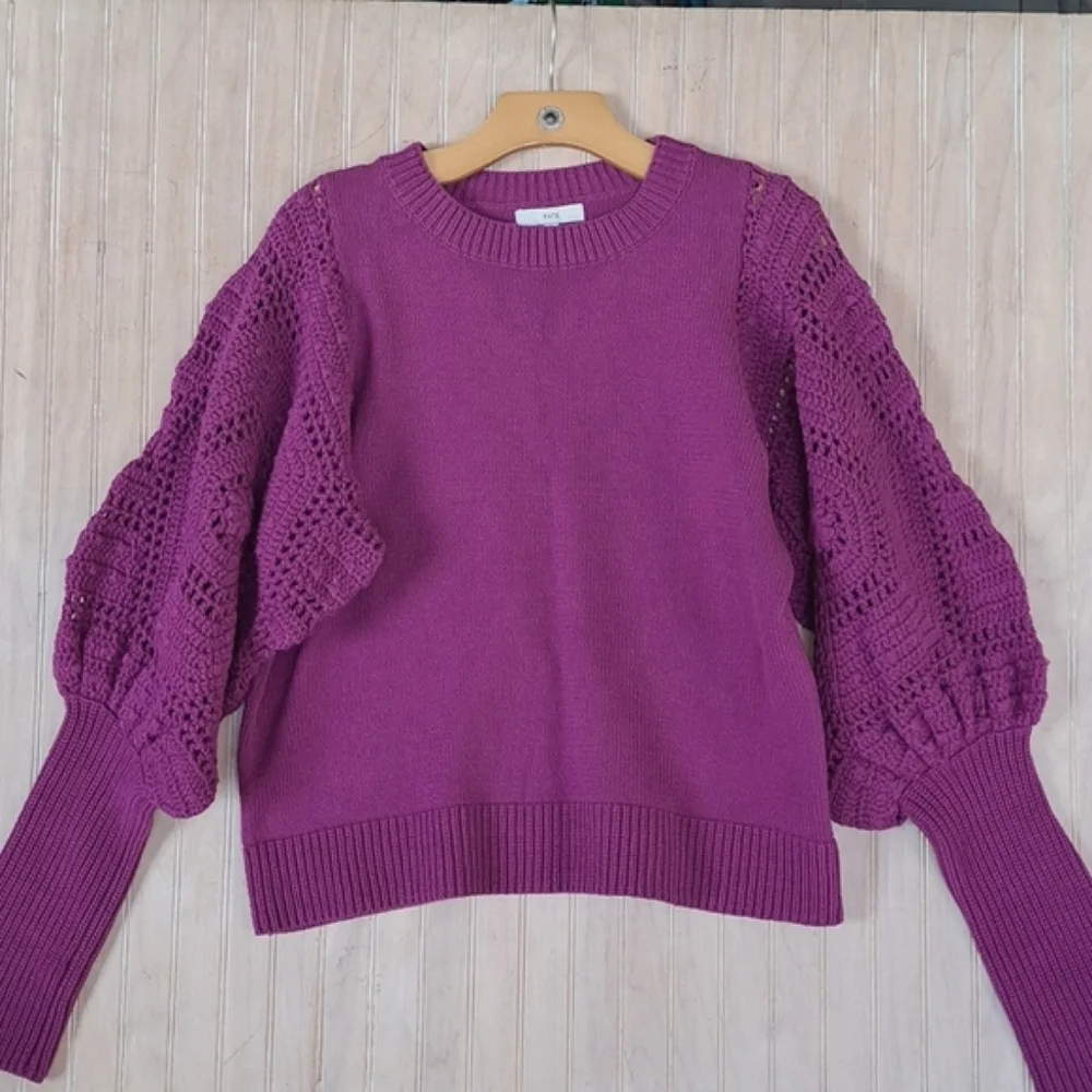 Fate Handknit Puff Crochet Sleeve Knit Sweater Cotton Blend Boho Soft Purple - Picture 1 of 10